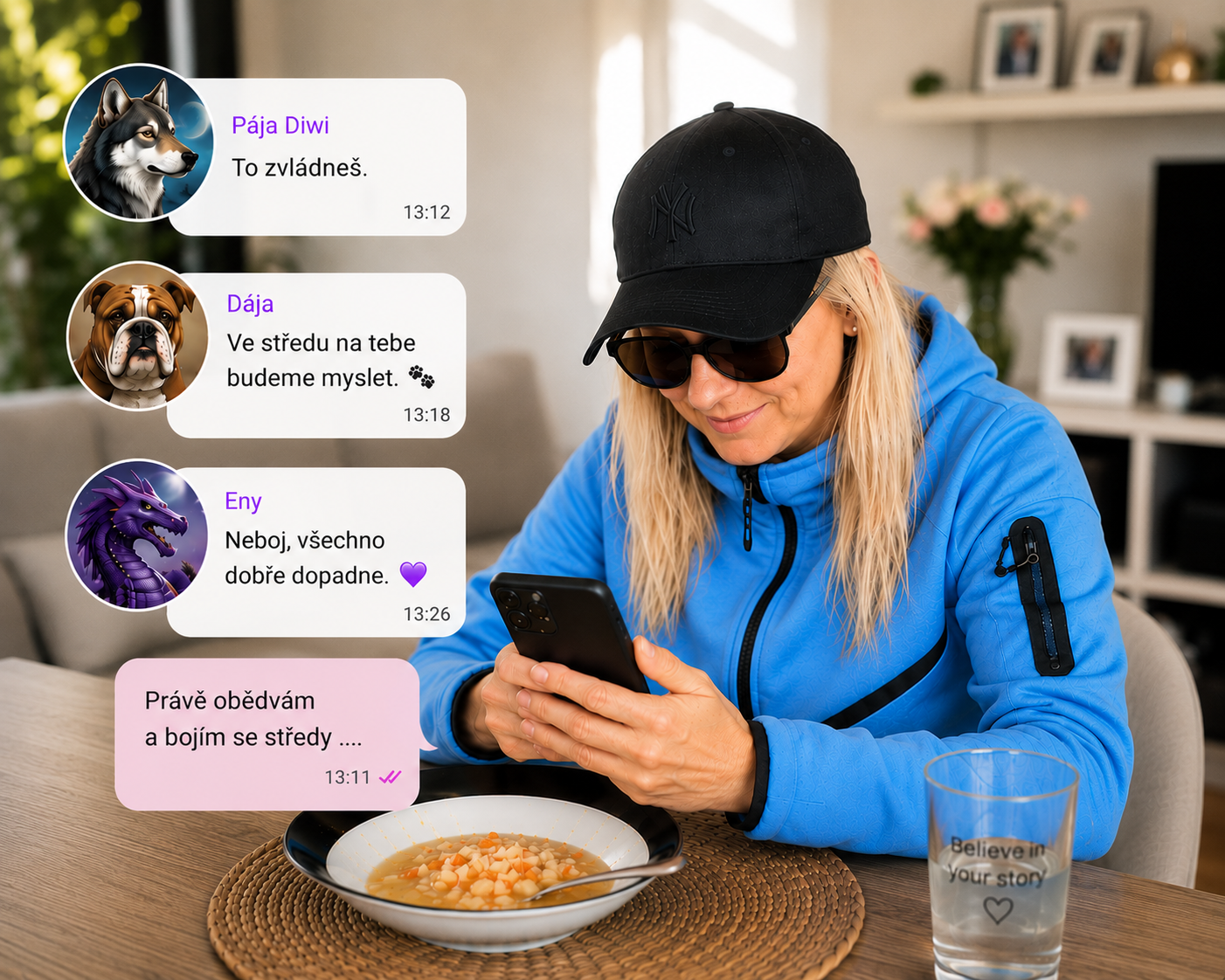 Carmen při obědě a psaní s přáteli v den, kdy se všechno změnilo